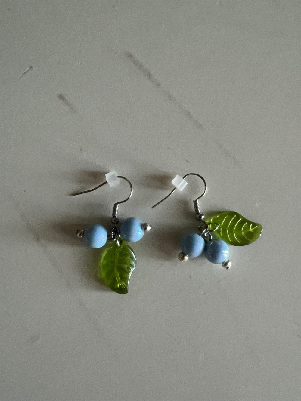 Blue Bead & Green Leaf Drop Earrings